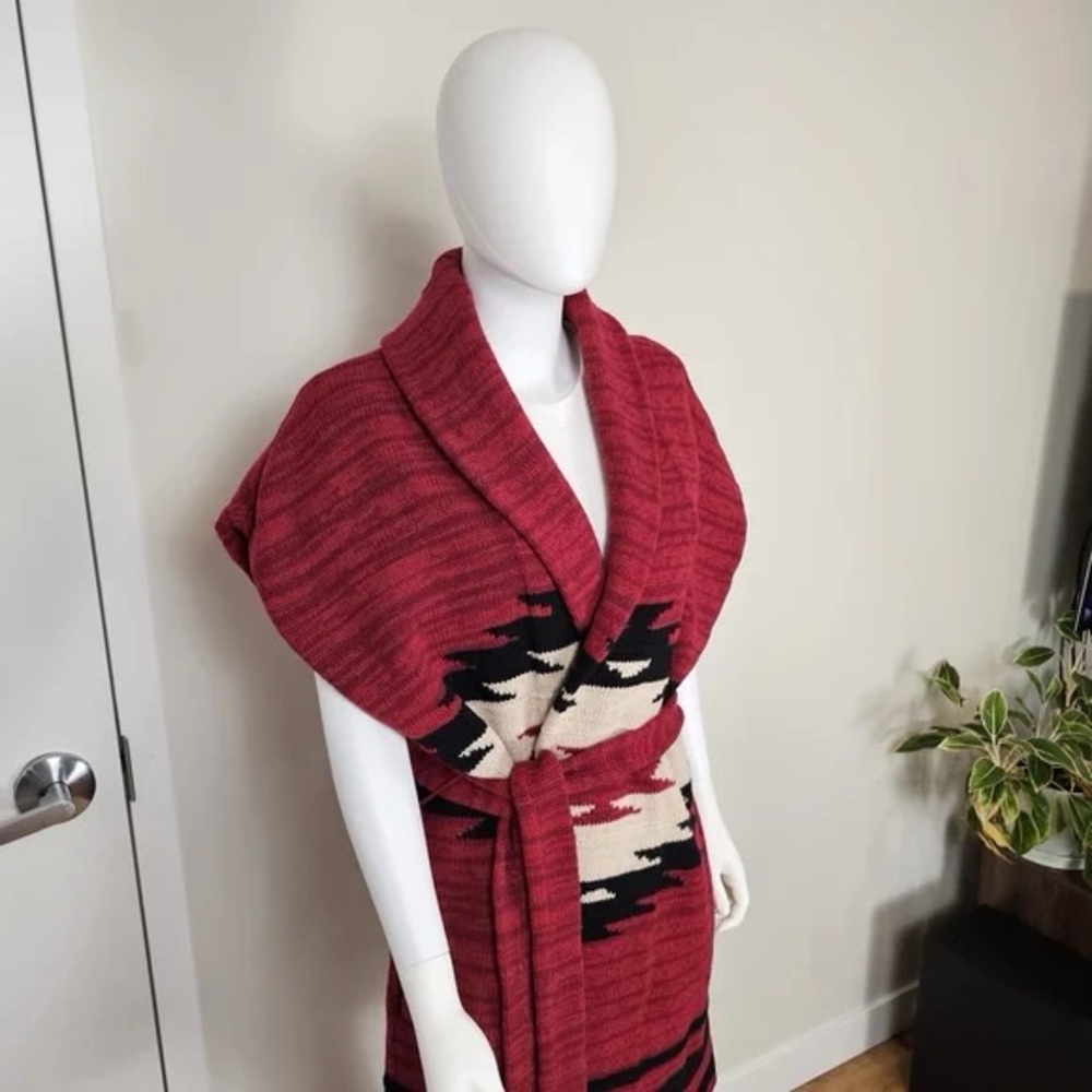 LRL Ralph Lauren Deep Red Native Tribal Aztec Sleeveless Knit Wrap Cardigan, S - Picture 9 of 16